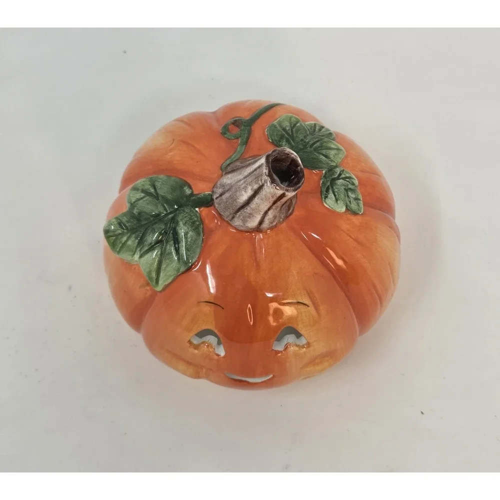 Ceramic Jack-O-Lantern Pumpkin Tea Light Candle Holder Halloween Decor 4.5